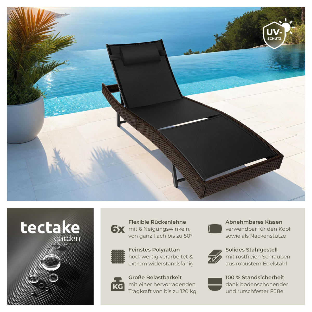 RATTAN-SONNENLIEGE Moana,69 x 211 x 41 - 94 cm,braun gemischt - Braun, Kunststoff (69/94/211cm) - tectake