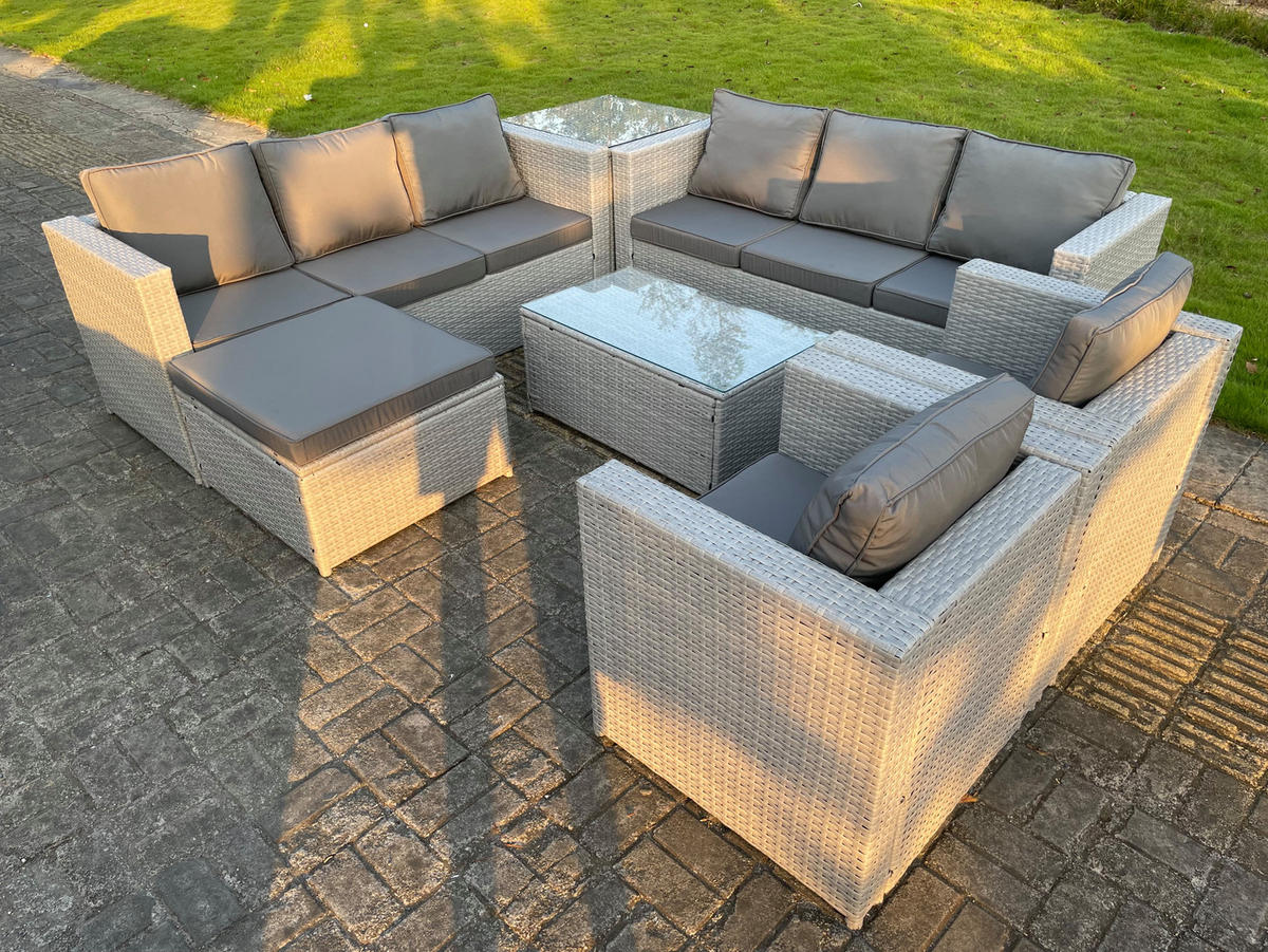 GARTENMÖBEL-SET SOFA SESSEL COUCHTISCH HOCKER BEISTELLTISCH Polyrattan Helles Grau 9-Sitzer - Hellgrau, Metall - Fimous