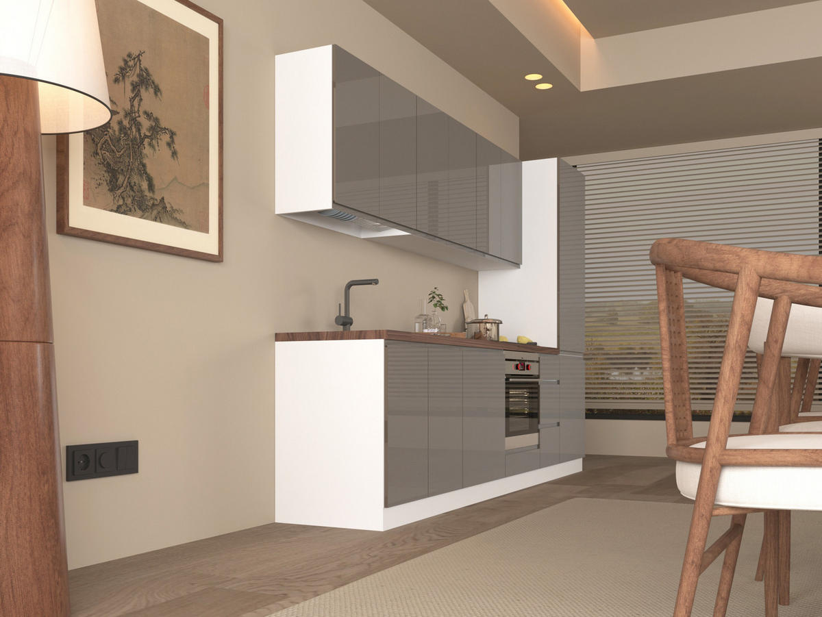 KÜCHENZEILE 300 cm - Aspen KA5-M300 - in Grau/Hochglanz - Grau, Holz (300/212/58cm)