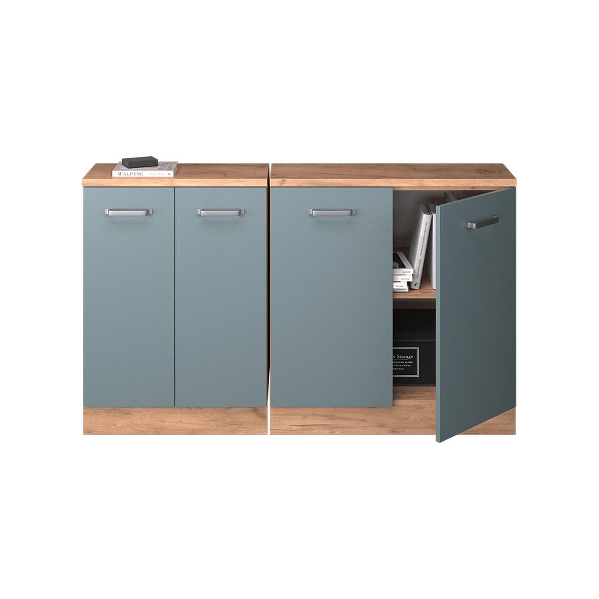 KUHINJSKI ORMAR ZA KOSINE KROVA R-Line Plavo-Siva 140 cm Set od 2 korpusa ormara, dubina 60 cm - hrast medunac/plavo-siva, drvni materijal (140/83.8/60cm) - Vicco