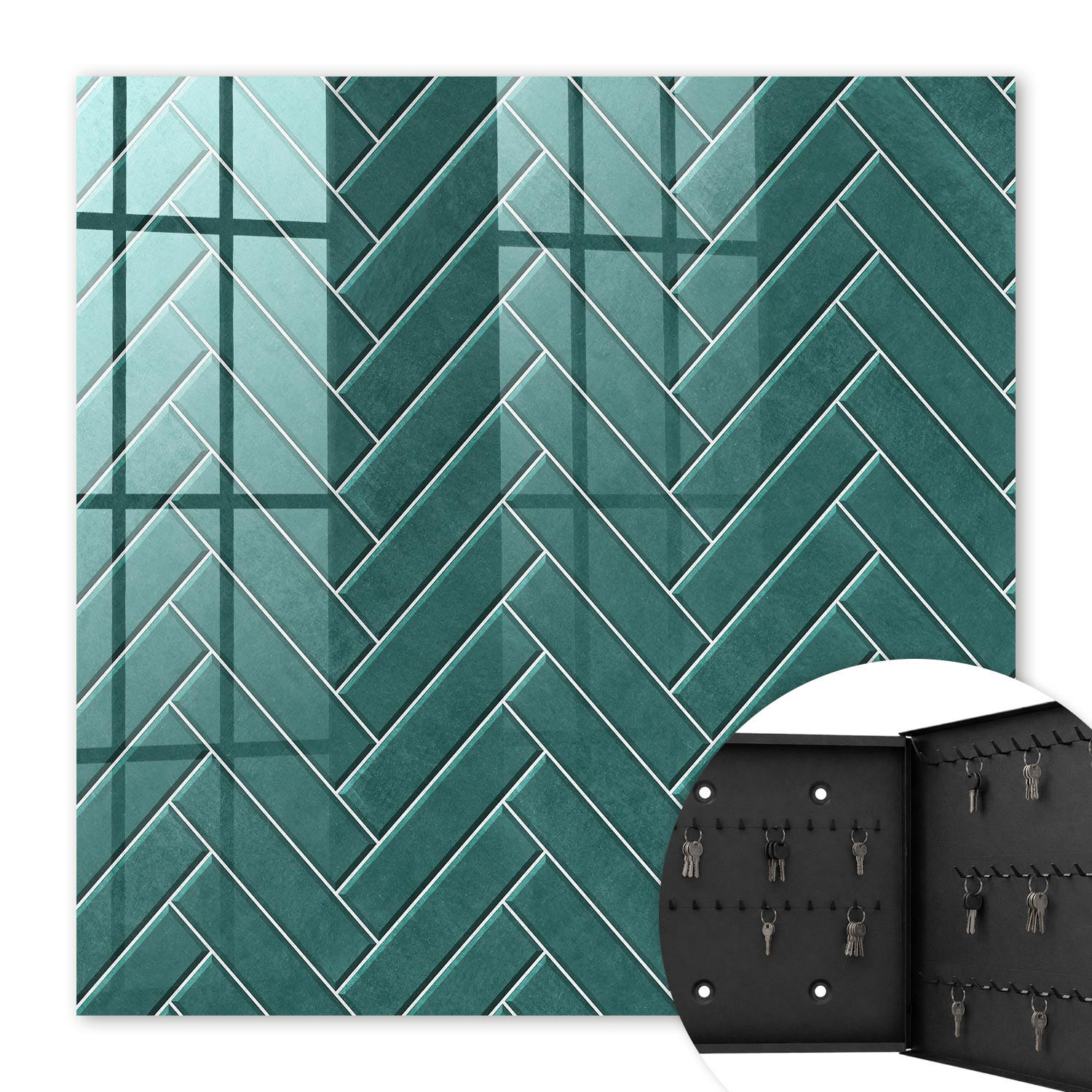 SCHLÜSSELBOX Schwarz 30x30 cm- Türöffnung nach rechts - Türkisfarbenes Fischgrätmuster - Türkis, Metall (30/30/5cm) - TULUP