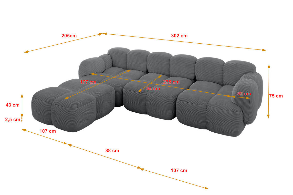 ECKSOFA modulares Sofa Links Miko-L2 302x205x75 Dunkelgrau Cord - Graphitfarben/Schwarz, Holzwerkstoff/Kunststoff (302/205cm) - ALTDECOR