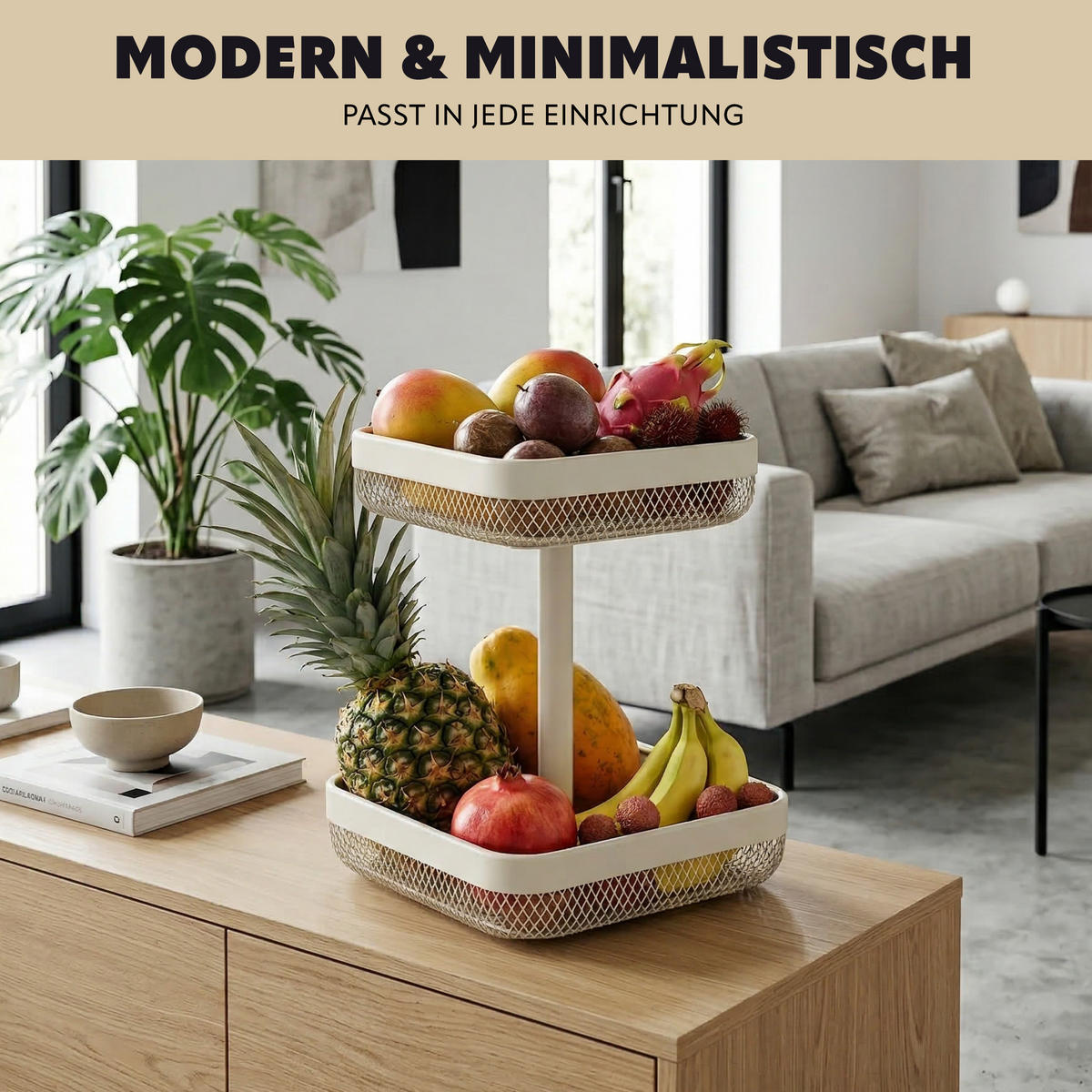 OBSTETAGERE, eckig, 2-stöckig, Ø 20 cm und 25 cm, beige, Metall - Beige, Metall (30cm) - eluno