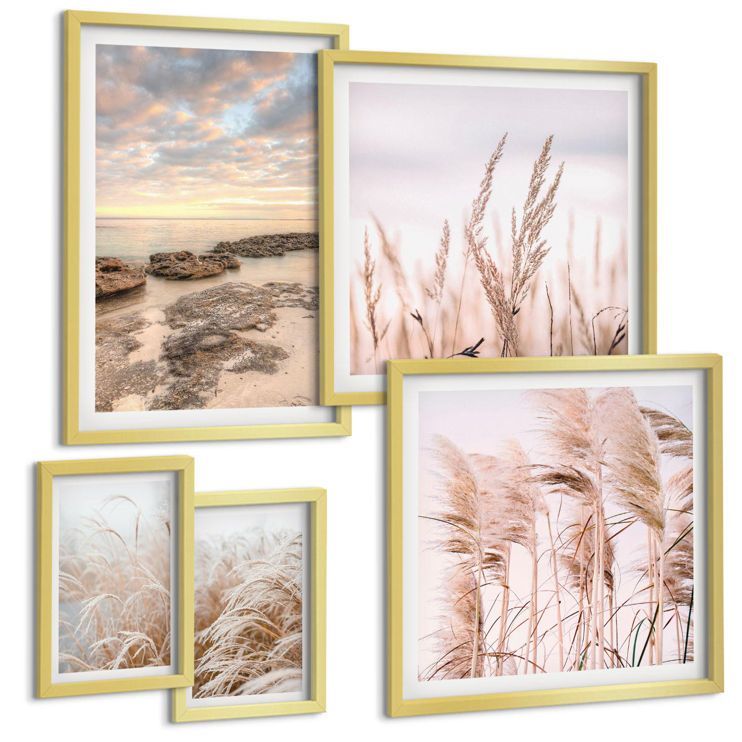BILDER SET 5er Set - 50x50 cm & 20x30 cm & 40x60 cm Goldrahmen - Meerblick von Venedig - Goldfarben, Kunststoff (40/60cm) - TULUP