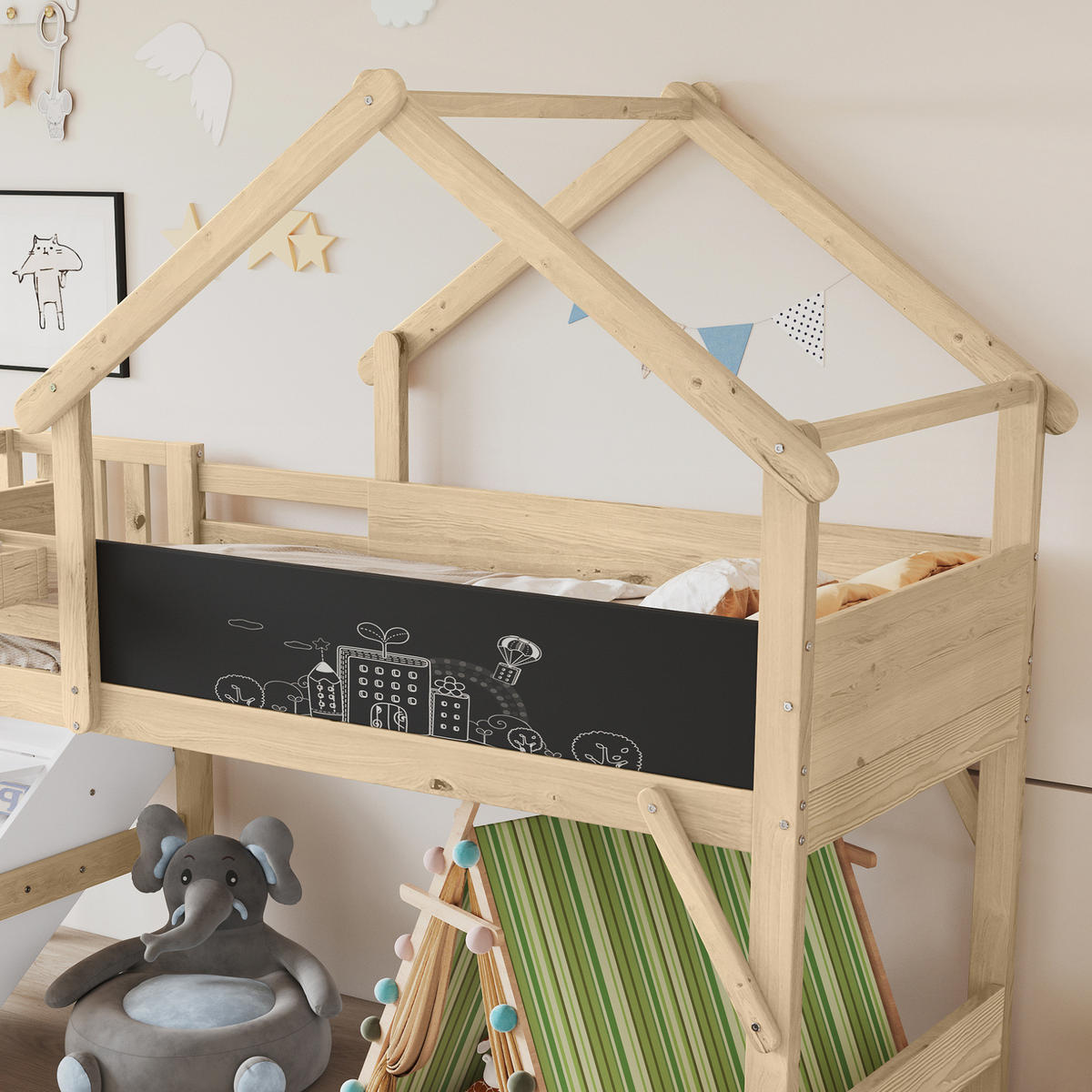 HAUSBETT 90/200 cm mit Stauraumtreppe und Tafel in Weiß/Natur - Weiß, Holzwerkstoff (90/200cm) - BEAOK