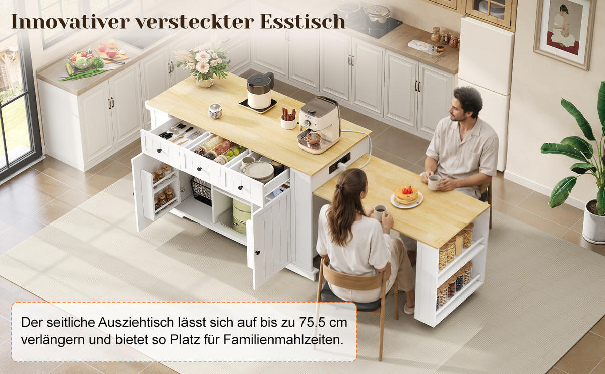 KÜCHENINSEL 138(213)/55/93 cm, ausziehbarer Esstisch, einziehbarer Bartisch, 7 Räder, verstellbare Regale - Weiß, Holzwerkstoff (138/93/55cm)