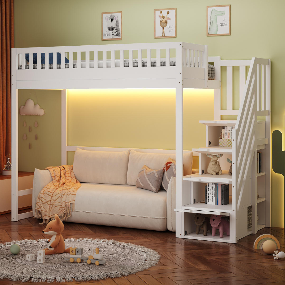 HOCHBETT 90/200 cm in Weiß mit Stauraumtreppe und LED Holz Kinderbett - Weiß, Holzwerkstoff (90/200cm) - STILVORA