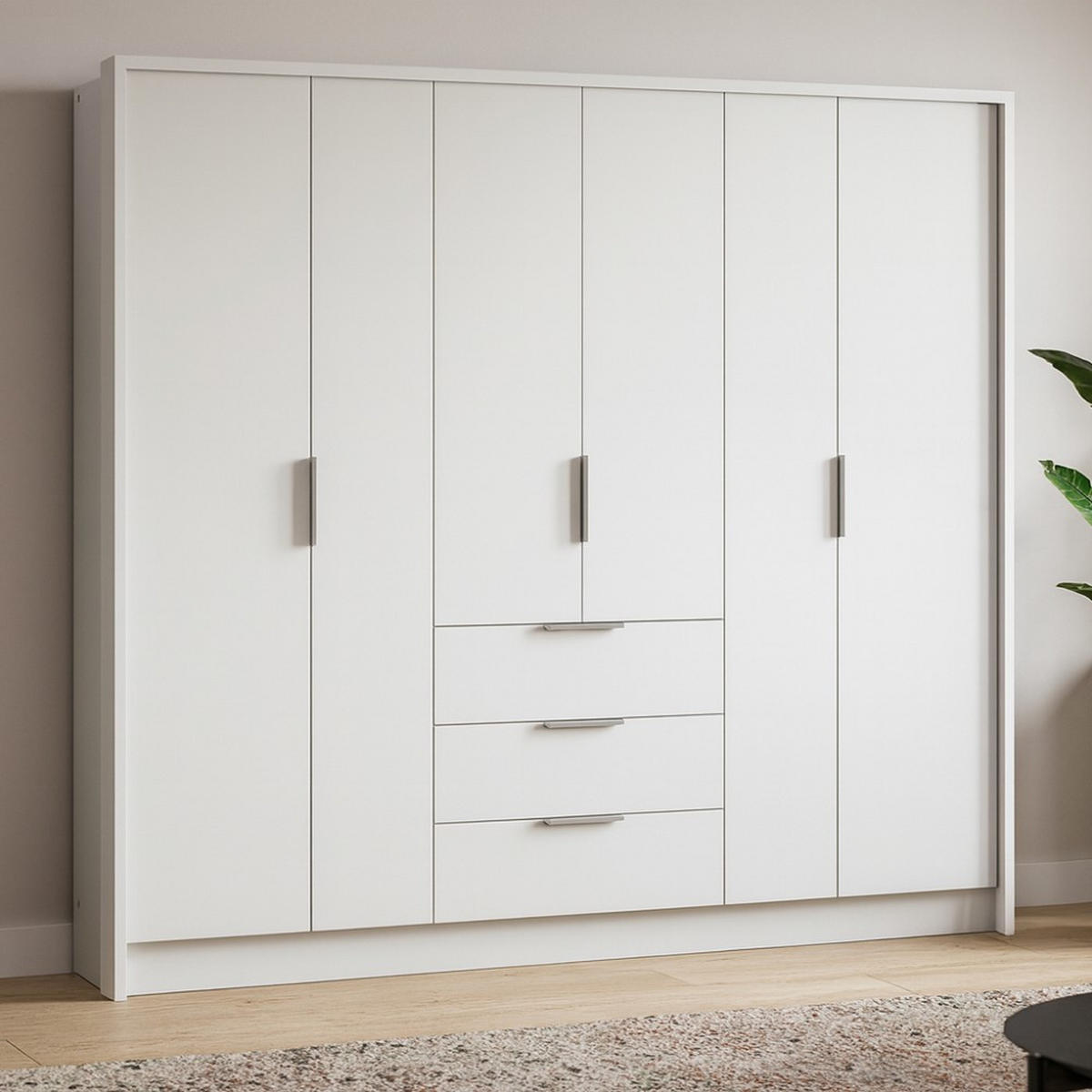 DREHTÜRENSCHRANK Bombay mit 6 Türen und 3 Schubladen, Weiß - Weiß, Holzwerkstoff (255/217/65cm) - Beautysofa