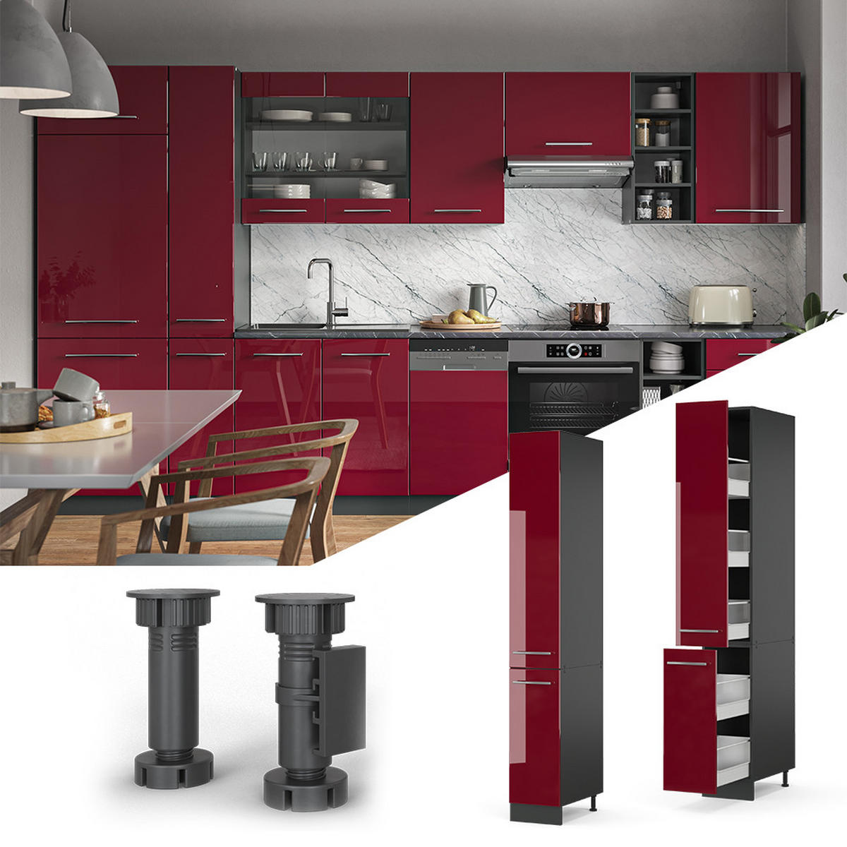 APOTHEKERSCHRANK Fame-Line Bordeaux Hochglanz 30 cm - Bordeaux/Anthrazit, Holzwerkstoff (30/207/58cm) - Vicco