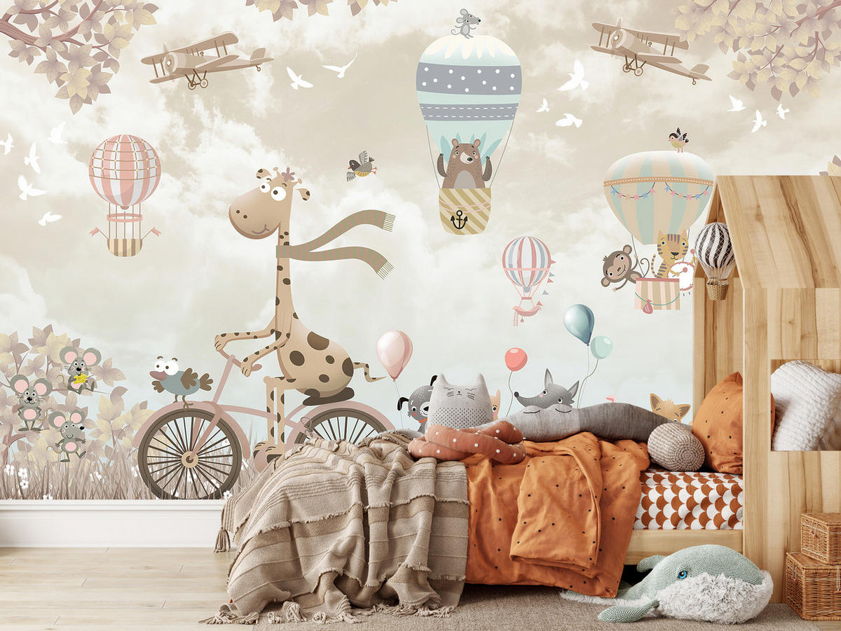 FOTOTAPETE Tiere auf Fahrrädern Luftballons Flugzeuge Pflanzen 450x315 - Blau/Beige, Papier (450/315cm) - Muralo