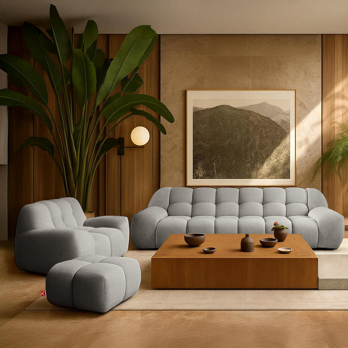 SITZGARNITUR VENA Bouclé, Hellgrau - Hellgrau, Holz/Textil (65/38/65cm) - KONSIMO®