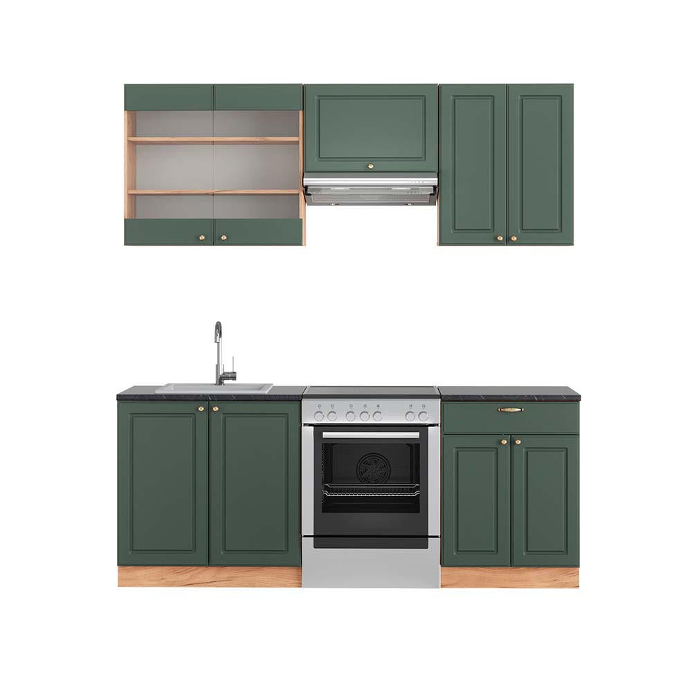 KÜCHENZEILE Fame-Line Grün-Gold Landhaus/Goldkraft Eiche 200 cm AP Anthrazit - Eiche Wotan/Grün, Holzwerkstoff (200/81.6/60cm) - Vicco