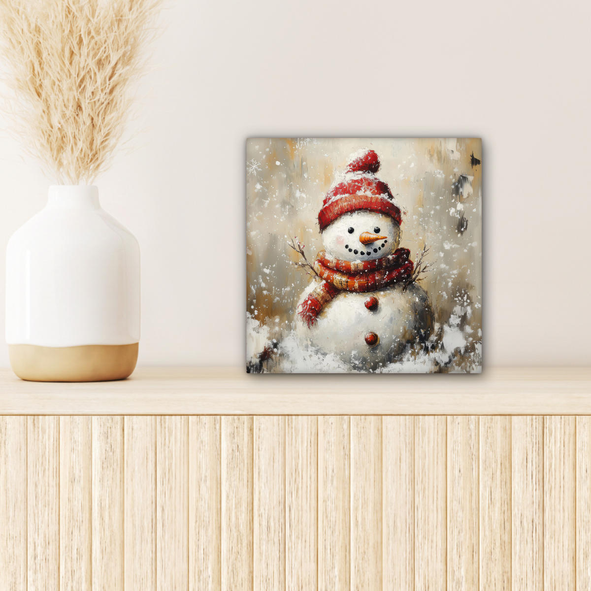 LEINWANDBILD Schneemann - Winter - Schnee - Beige 20x20 cm - Weiß, Textil (20/20cm) - MuchoWow