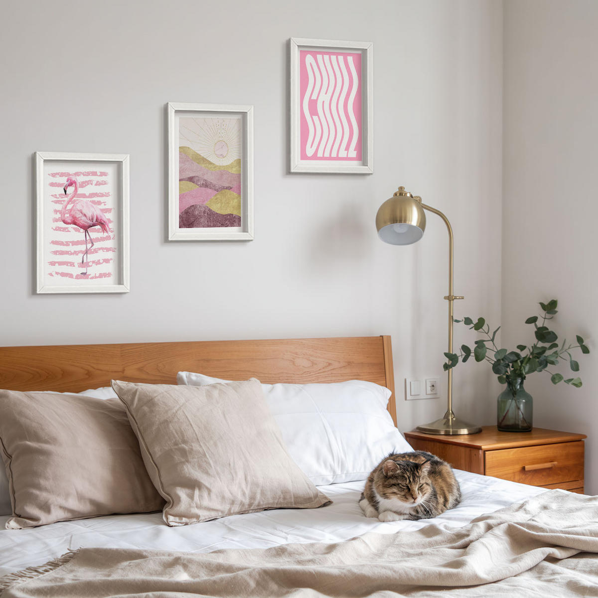 WANDBILDER 3er-Set - 20x30 cm Weißer Rahmen - Pastelllandschaft mit rosa Flamingos - Weiß, Kunststoff (20/30cm) - ArtPrintCave