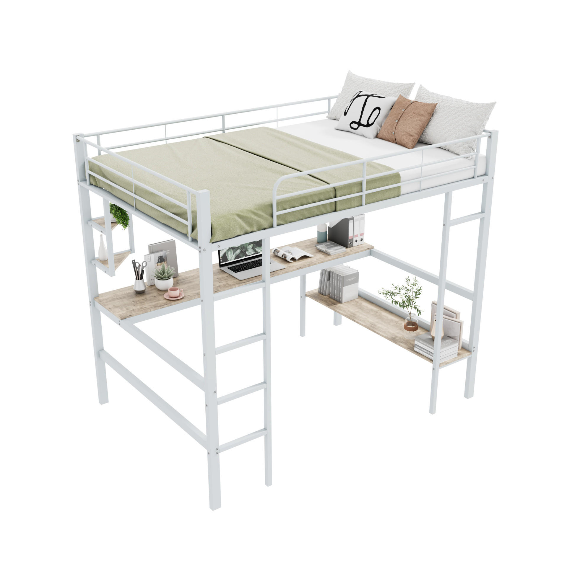 HOCHBETT 140/200 cm aus Metall mit Schreibtisch und Bücherregal, platzsparend und sicher, Weiß - Weiß, Metall (140/200cm) - Redom