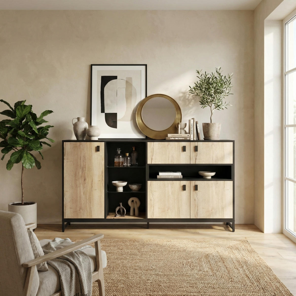 SIDEBOARD 160 cm Naturholz & Schwarz mit Doppeltüren, Glasregal & Metallrahmen im modernen Stil - Naturfarben, Holzwerkstoff (160/84.5/40cm) - Urban Meuble