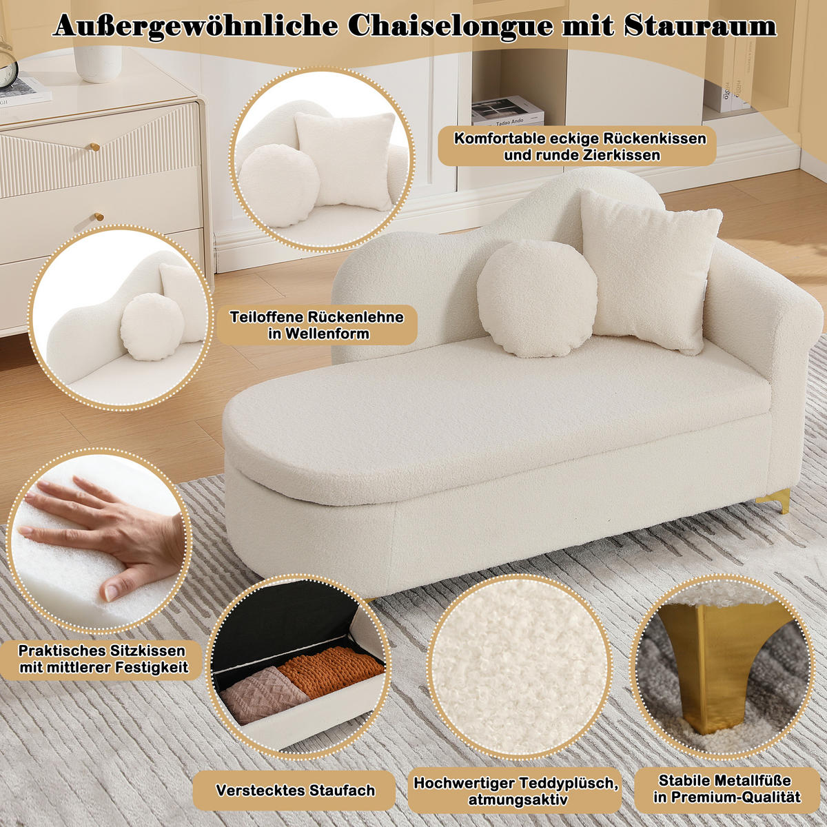 CHAISELONGUE mit Stauraum 134 cm, Teddyplüsch Stoff, modernes Design, ergonomische Rückenlehne, inkl. Lenden- & Nackenkissen - Beige, Textil (64/70/134cm) - Ej. Life