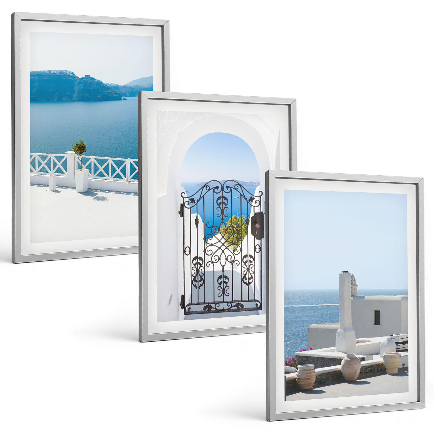 BILDER SET 3er Set - 40x60 cm Silberner Rahmen - Gebäude am Weißen Meer, Griechenland - Silberfarben, Kunststoff (40/60cm) - TULUP