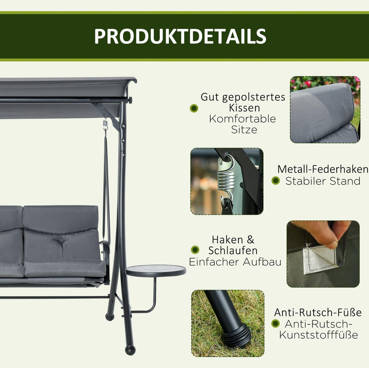 HOLLYWOODSCHAUKEL aus Stahl 271 x 125 x 177 cm in Grau mit verstellbarem Sonnendach - Grau, Metall (125/177/271cm) - Modfu