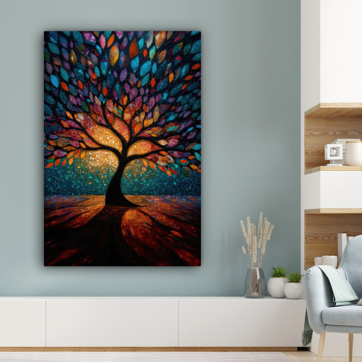 LEINWANDBILD Mosaik - Bunt - Baum - Äste Deko XXL 80x120 cm - Multicolor, Textil (80/120cm) - MuchoWow