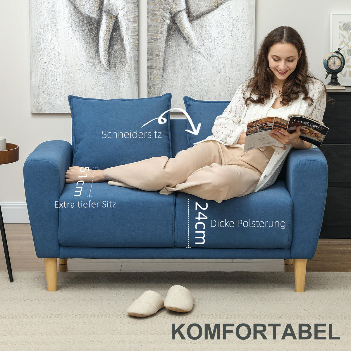 ZWEISITZER SOFA mit 2 Kissen, 133 x 73 x 81 cm, Blau - Blau, Textil (133/81/73cm) - HOMCOM