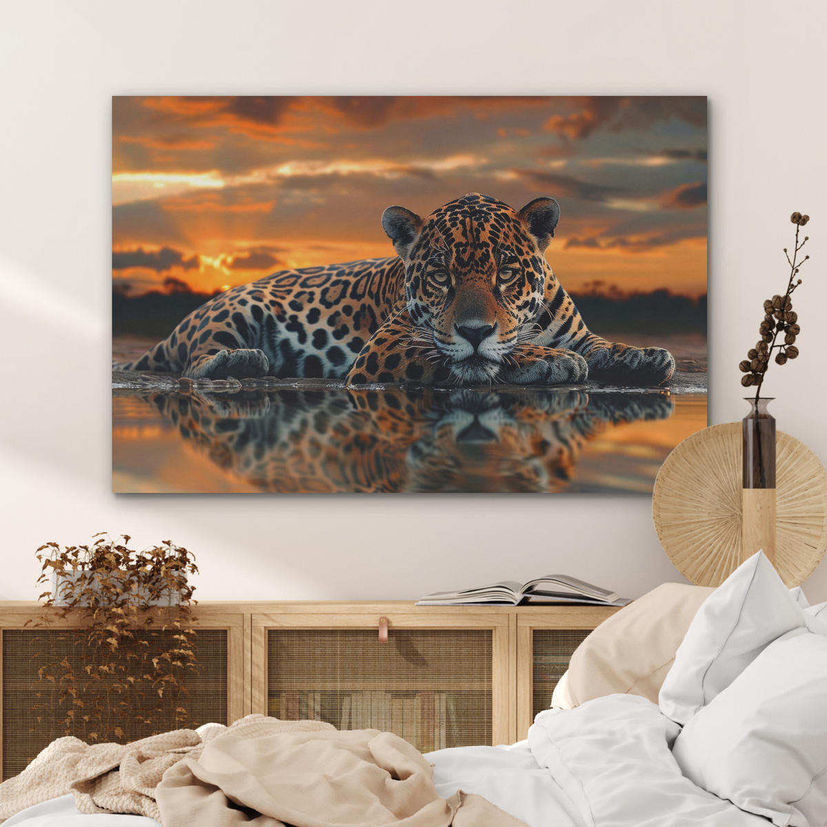AKUSTIKBILD Natur - Leopard - Tier - Sonnenuntergang - Modern Akustikpaneele 90x60 cm - Orange, Kunststoff (90/60/0.9cm) - MuchoWow