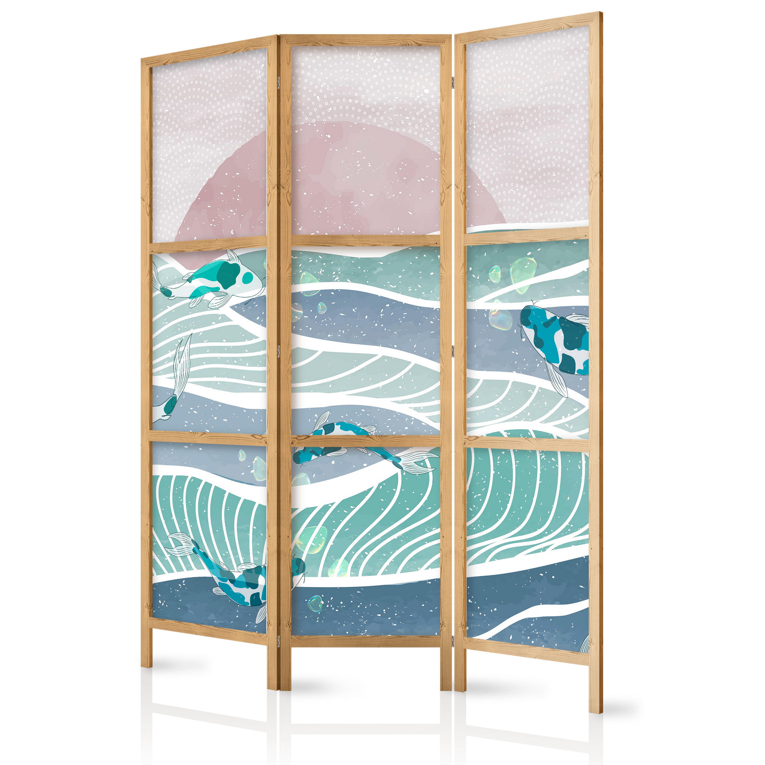 PARAVENT Japanischer 3-tlg 135x172 cm Koi-Fische Meereswellen - Multicolor, Holz/Textil (135/172/3cm) - Muralo
