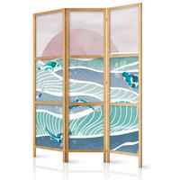 PARAVENT Japanischer 3-tlg 135x172 cm Koi-Fische Meereswellen - Multicolor, Holz/Textil (135/172/3cm) - Muralo