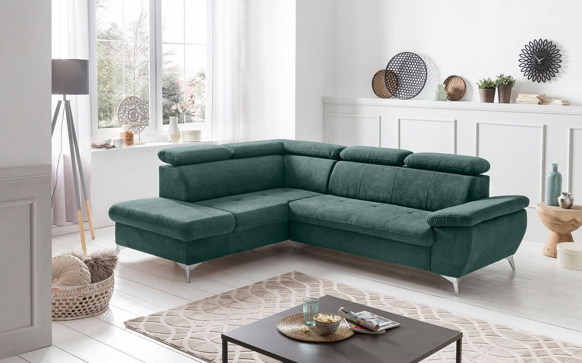 ECKSOFA mit Schlaffunktion und praktischem Bettkasten - Chromfarben/Grün, Textil/Metall (256/209cm) - Cotta