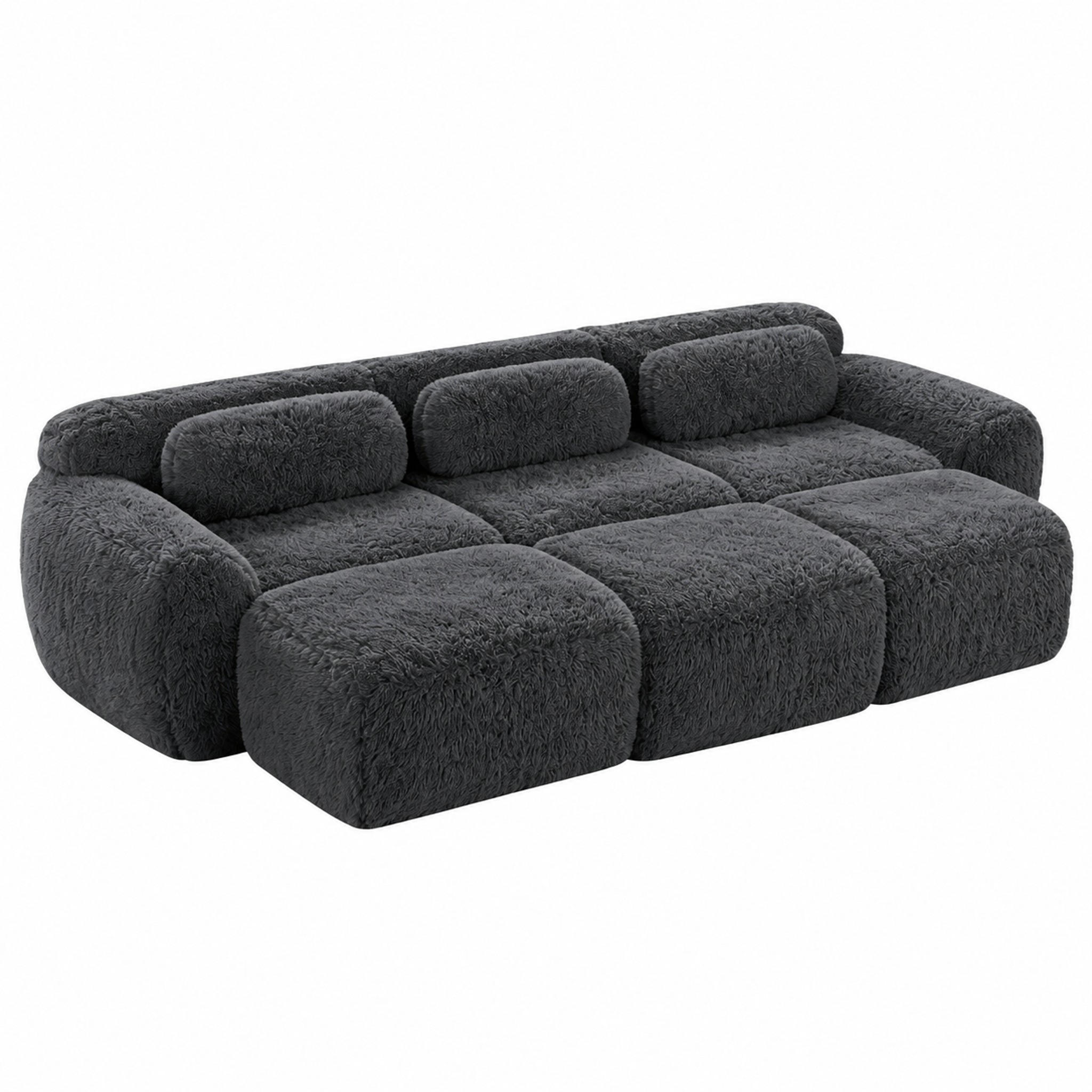 SOFA modular mit 3 Ottomanen Plüsch Grau - Grau, Kunststoff (179/73/291.1cm) - Meubliv