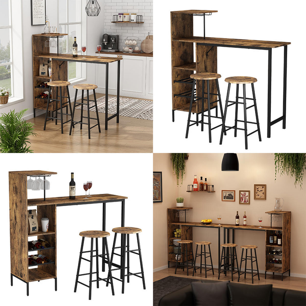 BARTISCH-SET Fyrk Schwarz/Eiche rustikal 121.5 x 40 cm mit 2 Hocker - Wildeiche/Schwarz, Holzwerkstoff (121.5/120/40cm) - Vicco