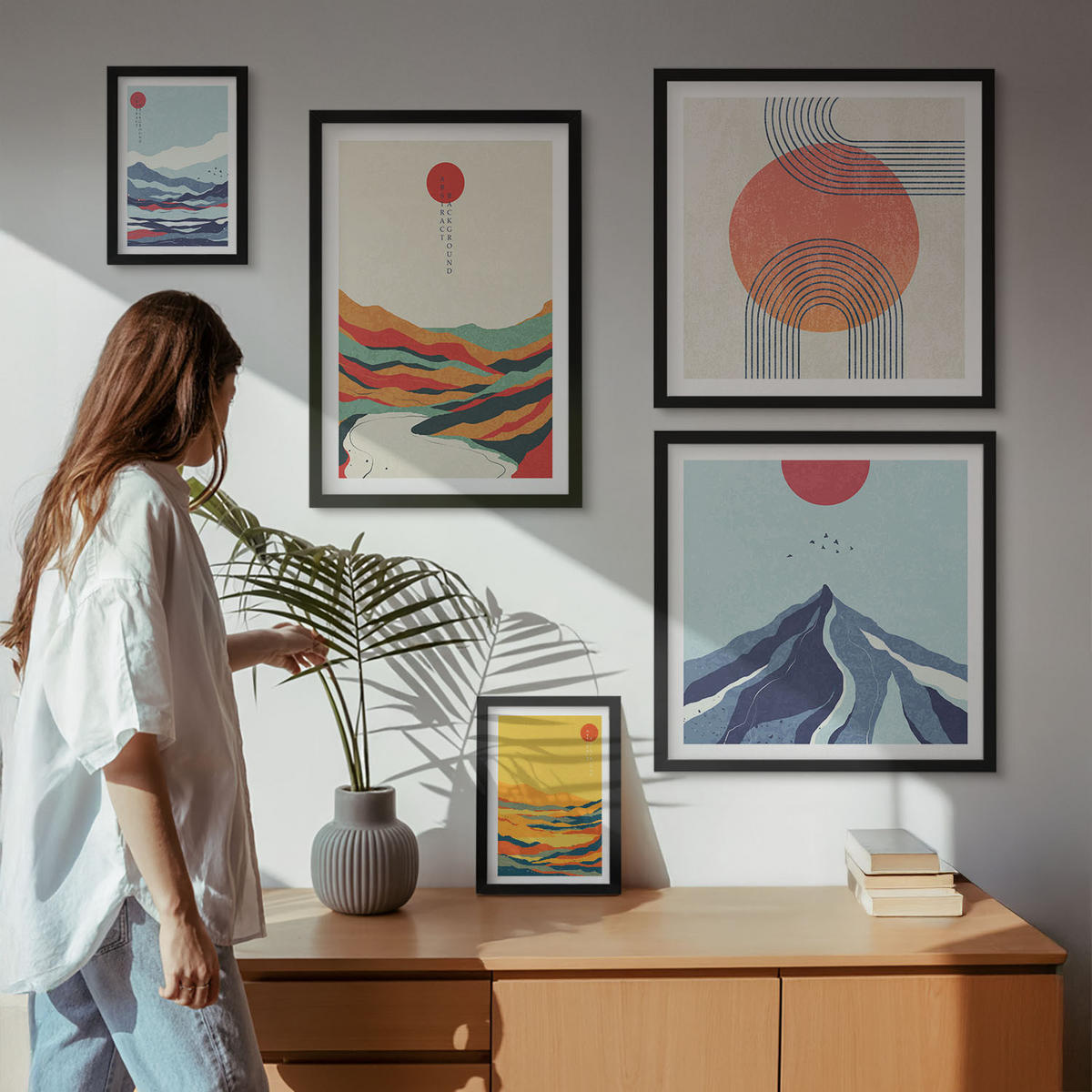 WANDBILDER 5er-Set - 50x50 cm & 20x30 cm & 40x60 cm Schwarzer Rahmen - Pastellfarbene Berge im Japandi-Stil - Schwarz, Kunststoff (40/60cm) - ArtPrintCave