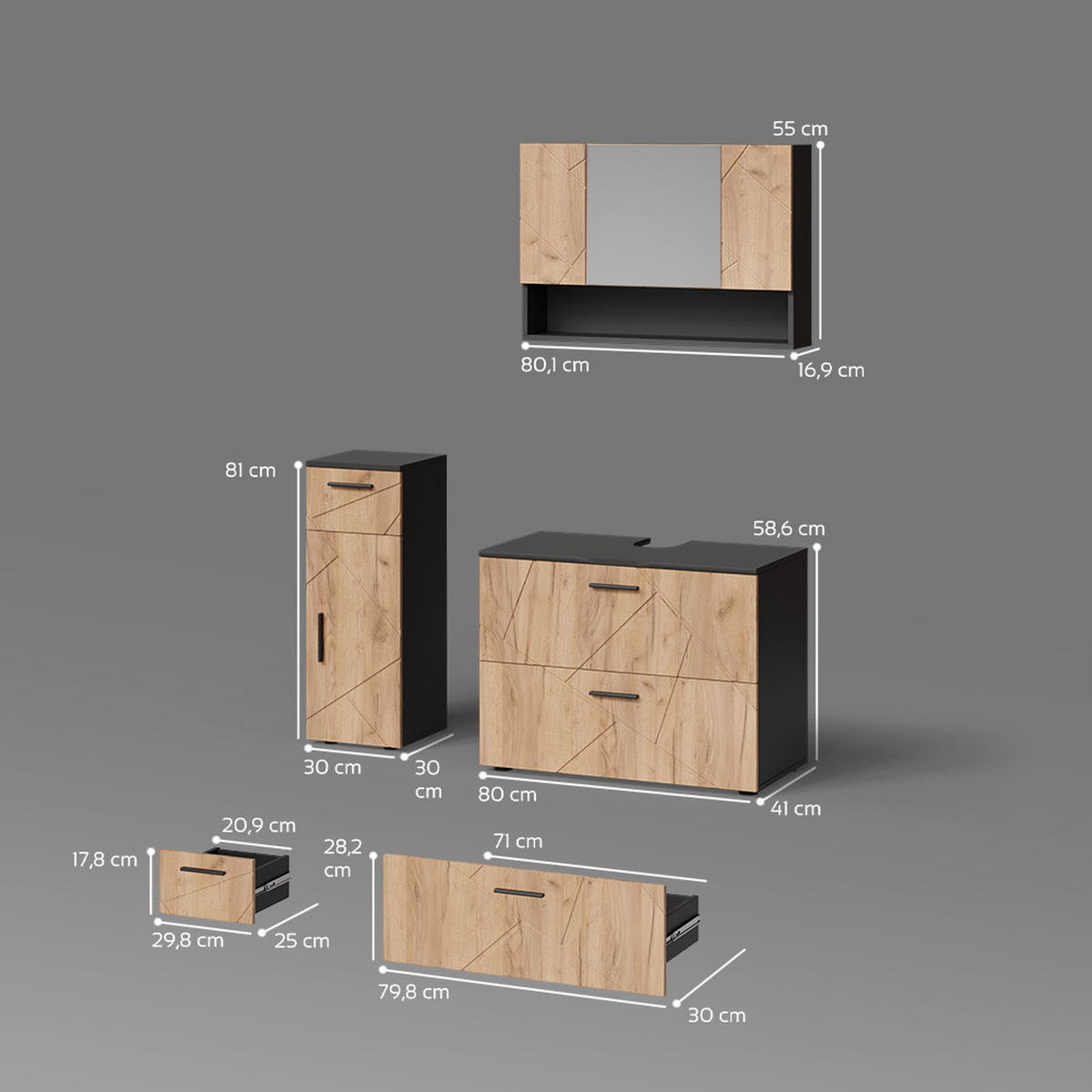 BADMÖBEL-SET Ronco Goldkraft Eiche/Anthrazit 3 Teile, mit Schubladenschrank und Midischrank - Anthrazit/Eiche Wotan, Holzwerkstoff (41/80/58cm) - Livinity®
