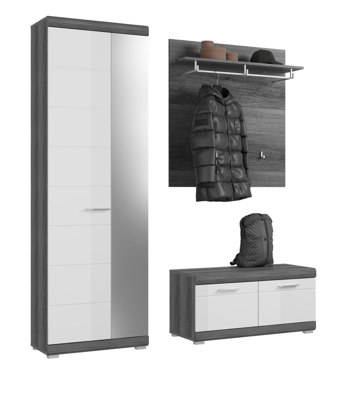GARDEROBE Set 3-teilig weiß Hochglanz und grau, Garderobenkombination mit Schuhschrank - Chromfarben/Weiß Hochglanz, Holzwerkstoff/Kunststoff (167/197/40cm) - Inn.Furn