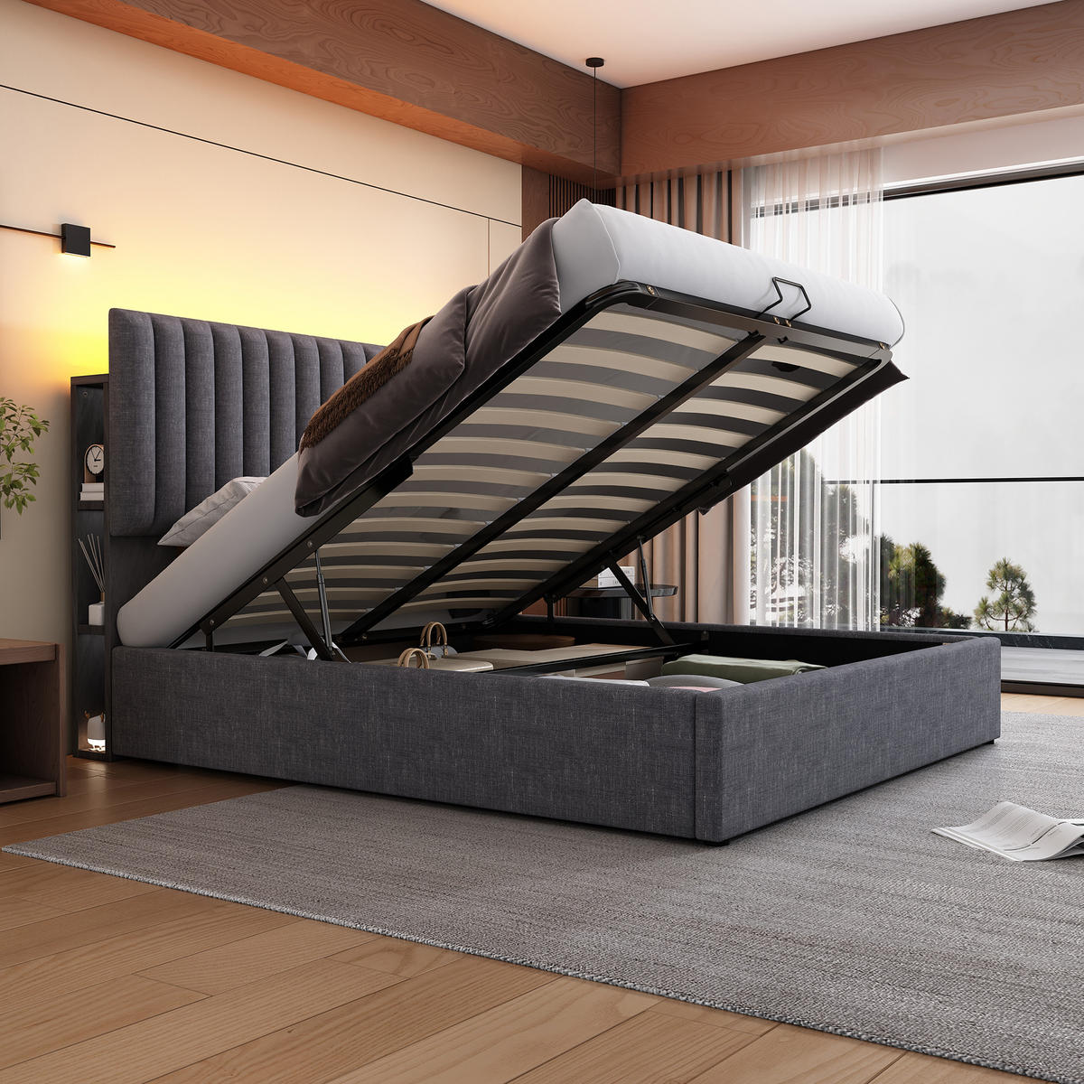 POLSTERBETT 140/200 cm Grau LED-App-Control mit Stauraum & verstellbarem Kopfteil - Grau, Textil (140/200cm) - OKWISH