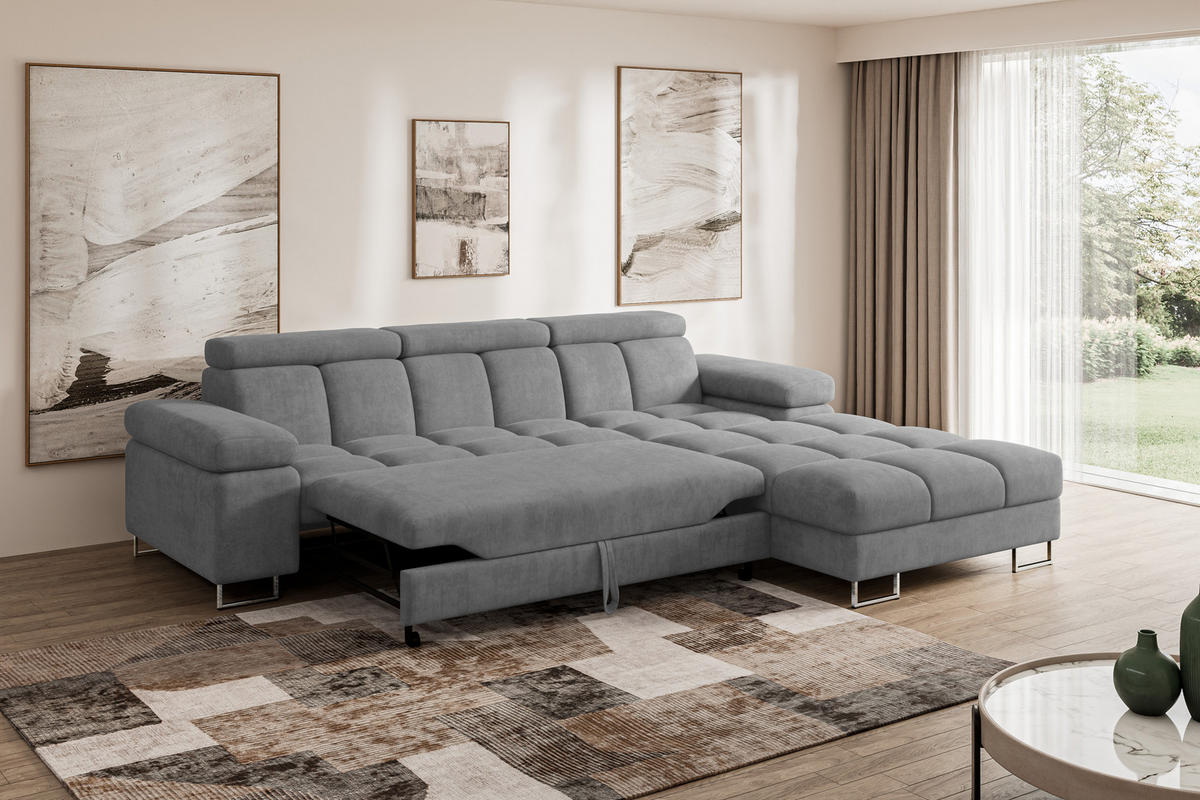 ECKSOFA mit Schlaffunktion Ottomane Rechts COMA L 271x203x79 Grau Velours - Grau, Holzwerkstoff/Textil (203/271cm) - ALTDECOR