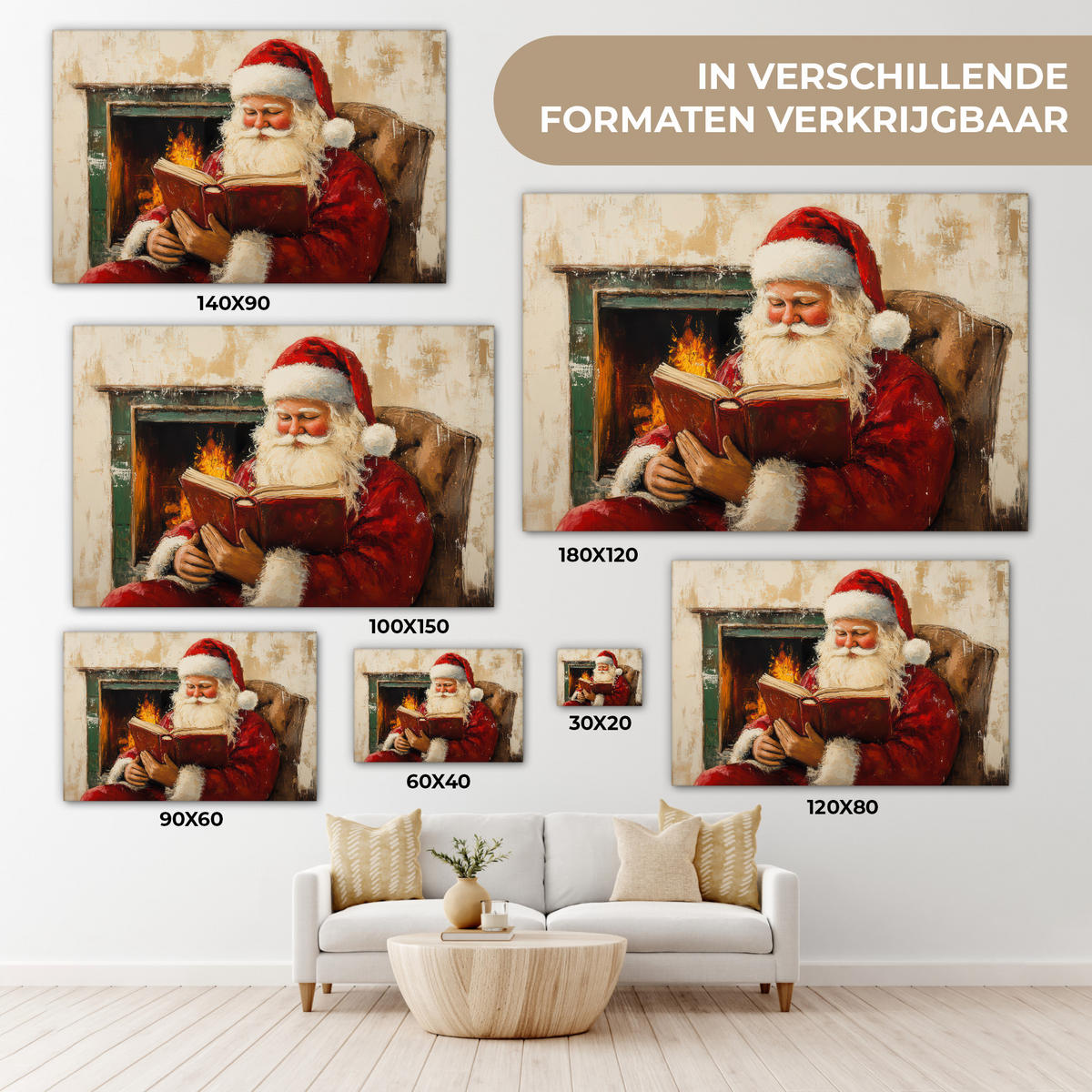 LEINWANDBILD Weihnachten - Weihnachtsmann - Winter - Open Fireside Deko Schlafzimmer 30x20 cm - Dunkelrot, Textil (30/20cm) - MuchoWow