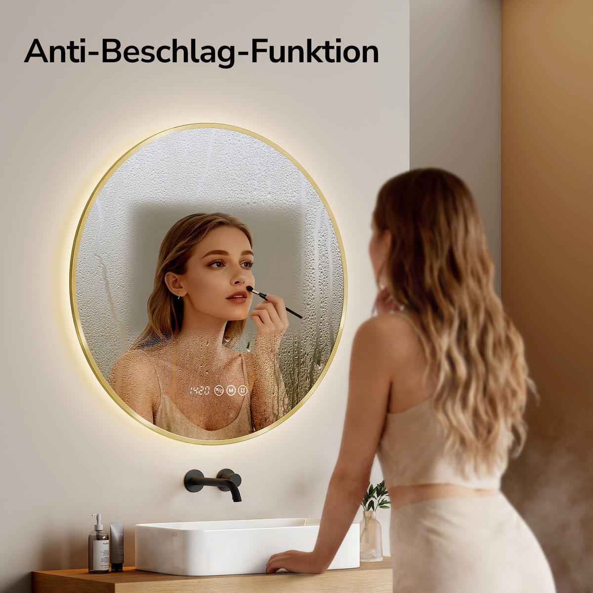 BADSPIEGEL mit LED-Beleuchtung, Anti-Beschlag-Funktion und Uhrzeitanzeige, Goldfarben, Ø 80 cm - Goldfarben, Glas (80/80/3cm) - EMKE