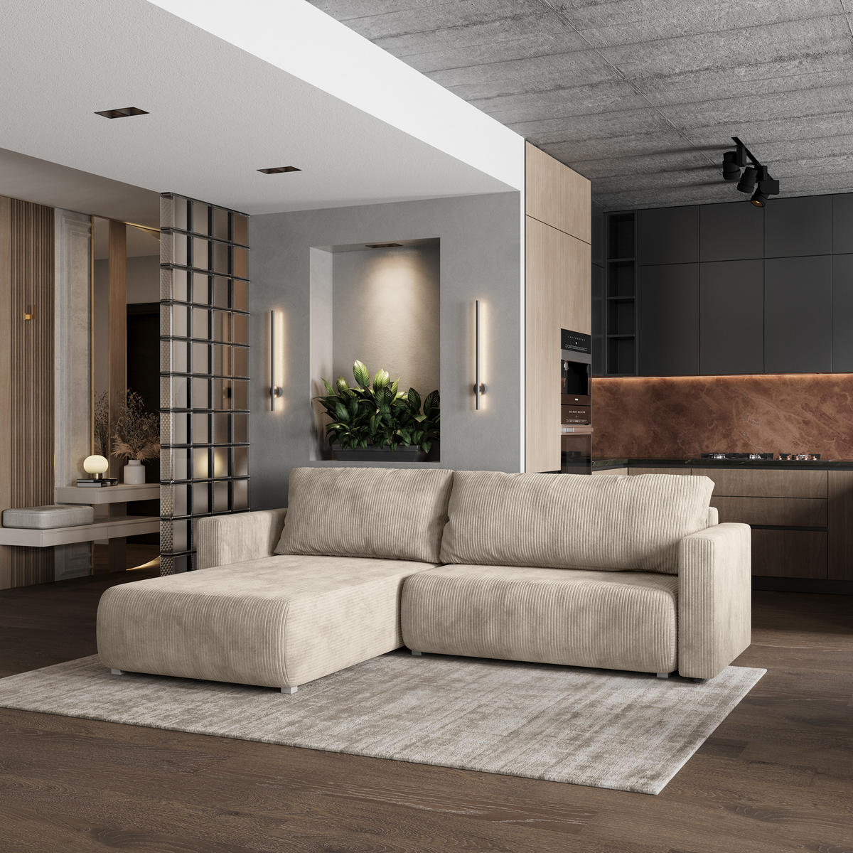 ROHOVÁ SEDAČKA TURIN krémová - šedá/krémová, dřevo/textil (265/183cm) - MASSENO