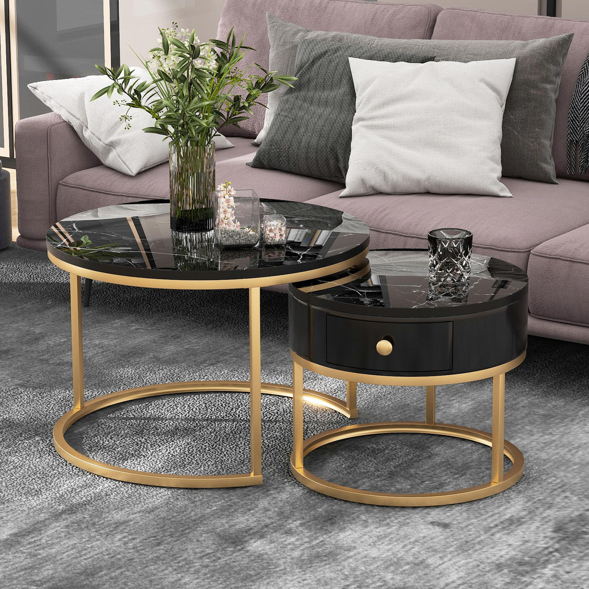 COUCHTISCH-SET 70/70/48 und 50/50/43,5 cm, rund, aus MDF mit Nesting-Design, Hochglanz-Marmormuster und Metallgestell, Schwarz - Schwarz, Holzwerkstoff (70/70/48cm) - Redom
