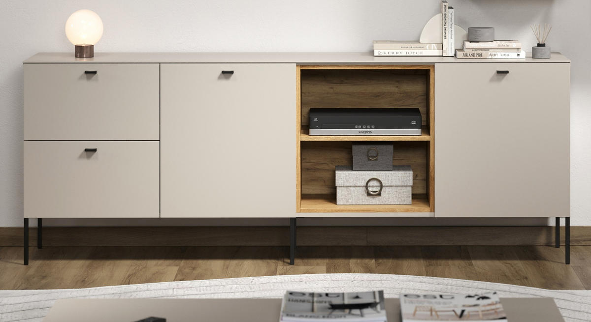 SIDEBOARD Kaschmir, Eiche 200 cm, Kommode mit Soft-Close - Kaschmir/Schwarz, Holzwerkstoff/Metall (200/75/40cm) - Top.Furn