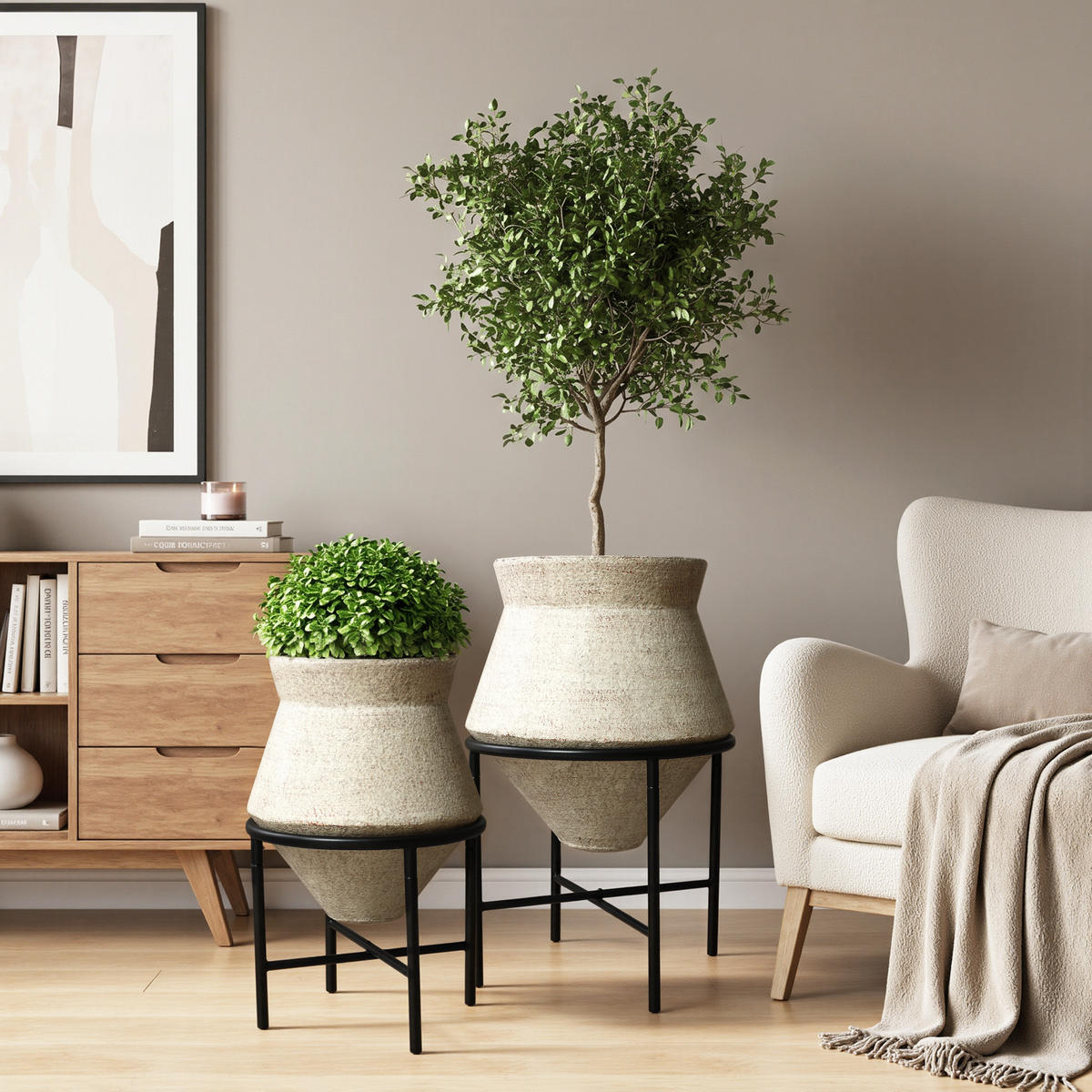 BLUMENTOPF Set 2er aus Eisen, Durchmesser 31& 25cm - Beige, Metall (40/62/40cm) - Hometopia