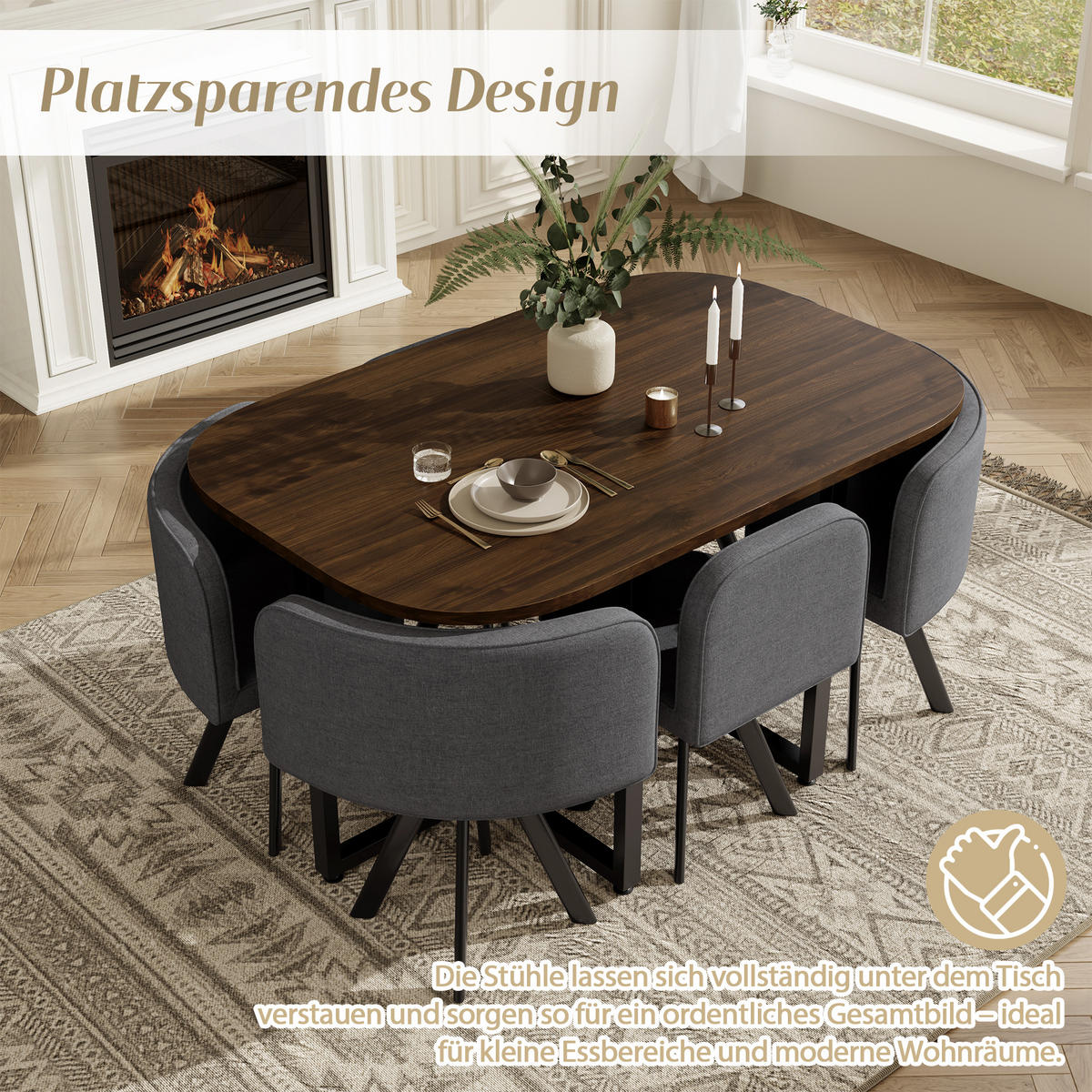 ESSTISCH SET 6 Personen 140x90cm Walnuss Grau Leinen - Walnussfarben/Grau, Holzwerkstoff (140/73/90cm) - FLIEKS