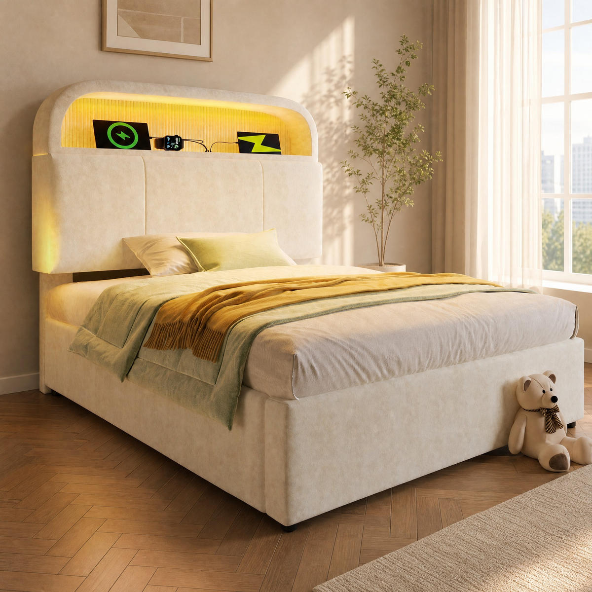 POLSTERBETT 90/200 cm in Beige mit Bettkasten, LED und USB aus Samt - Beige, Holzwerkstoff/Textil (90/200cm) - STILVORA