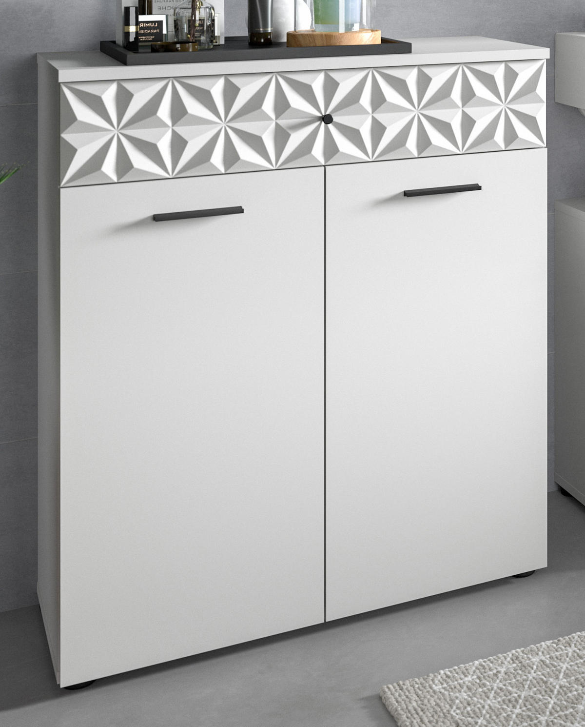 BADSCHRANK weiß Hochglanz 70 cm, Badezimmer Kommode mit 3D-Struktur - Weiß Hochglanz/Schwarz, Holzwerkstoff/Kunststoff (70/85/34cm) - Inn.Furn