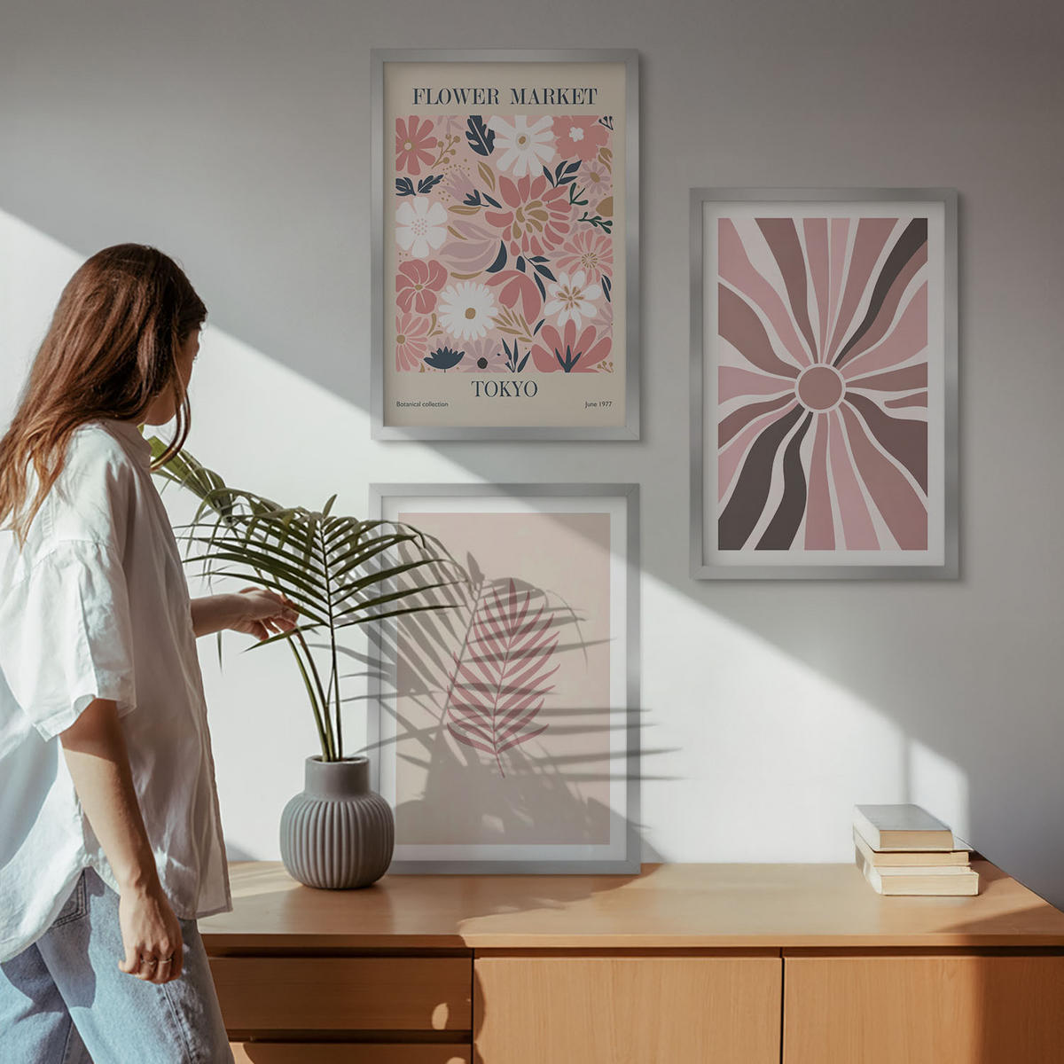 BILDER SET 3er Set - 40x60 cm Silberner Rahmen - Florale Blattmuster und Geometrie - Silberfarben, Kunststoff (40/60cm) - TULUP