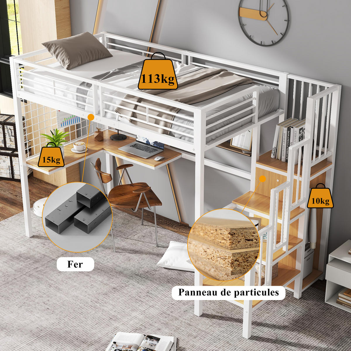 HOCHBETT 90/200 cm Weiß Natur mit integriertem Kleiderschrank aus Eisen und Holz - Weiß, Holzwerkstoff (90/200cm) - OKWISH