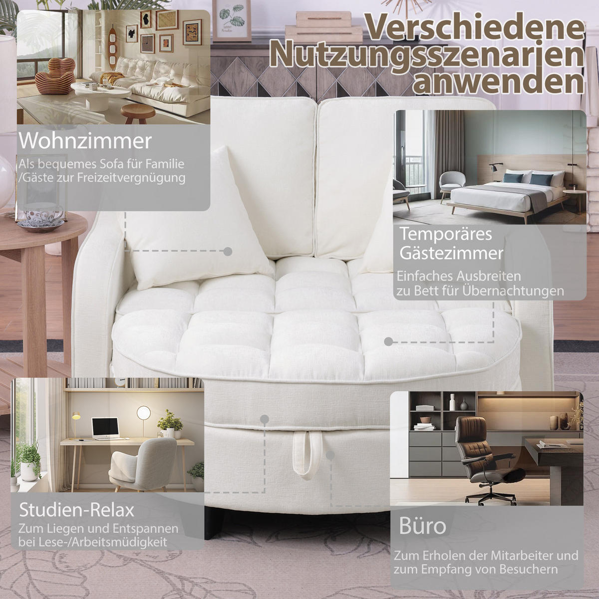SCHLAFSOFA 2-in-1 mit Hocker und Stauraum, Beige - Beige, Holz (132/93/129cm)