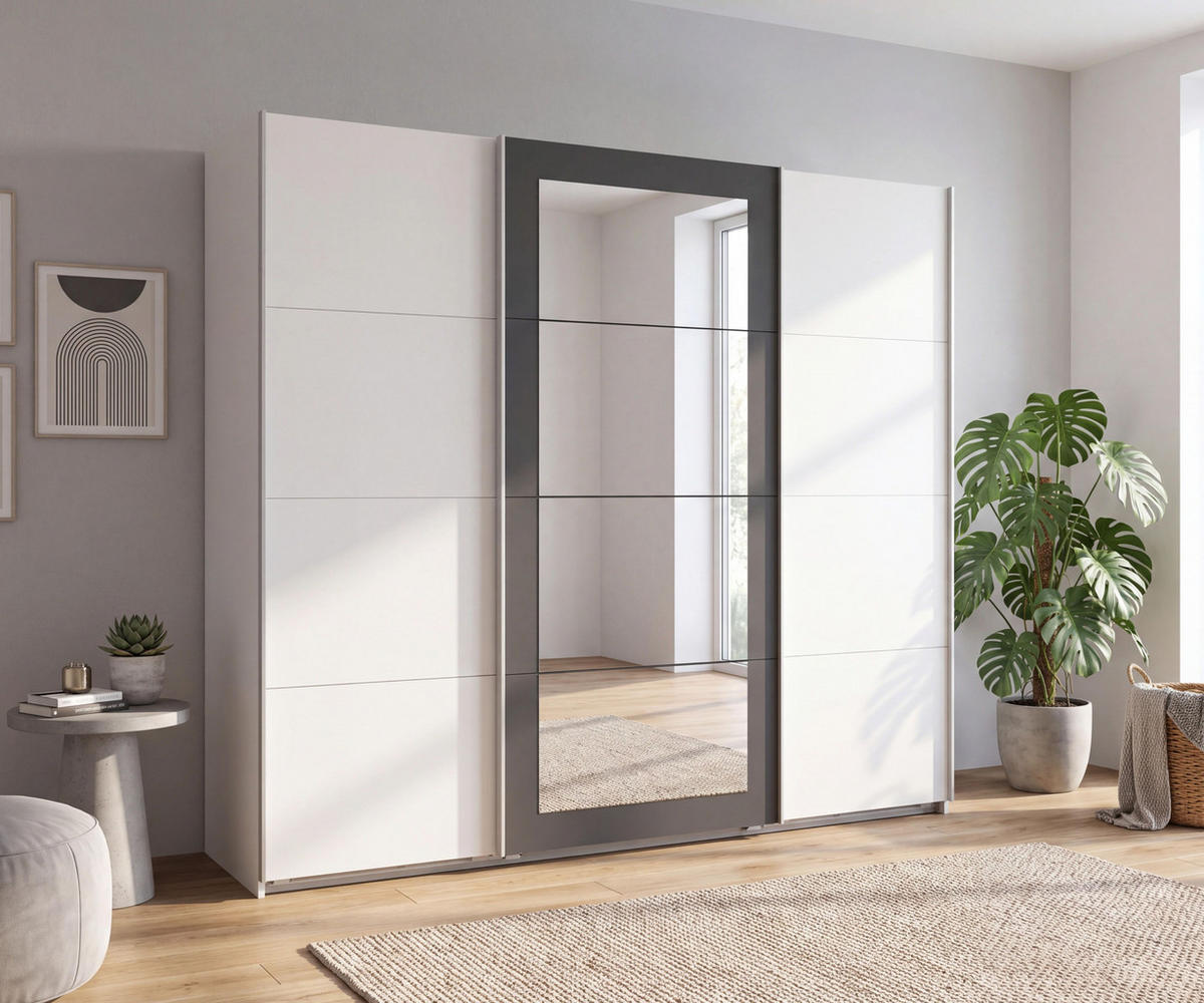 SCHWEBETÜRENSCHRANK 3-türig B225/H208/64 cm Kleiderschrank in Weiß, Spiegel umrahmt in Grafit, Griffe Weiß / 22626 - Weiß, Holzwerkstoff/Metall (225/208/64cm) - luma-home