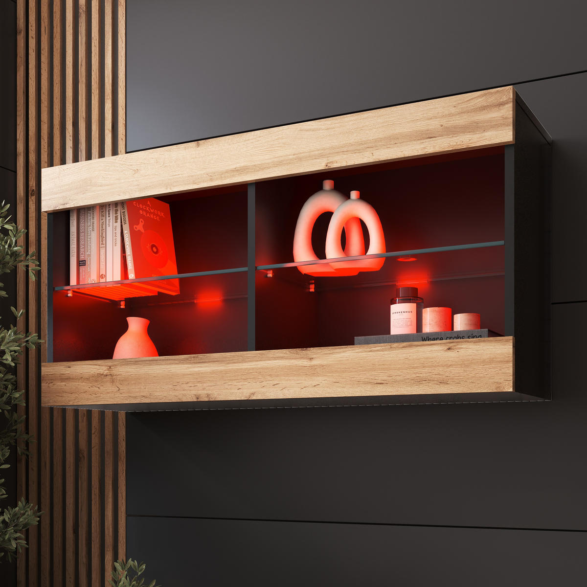 HÄNGEVITRINE TIVOLI HORIZONTAL 100, Wotan, LED Mehrfarbige - Eiche Wotan/Schwarz, Glas/Holzwerkstoff (100/50/29.5cm) - Komodee